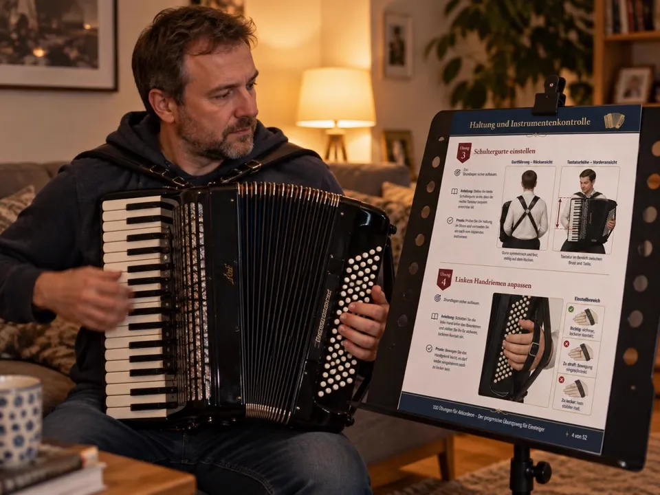 Ein Mann spielt Akkordeon mit der Übungsseite am Notenständer