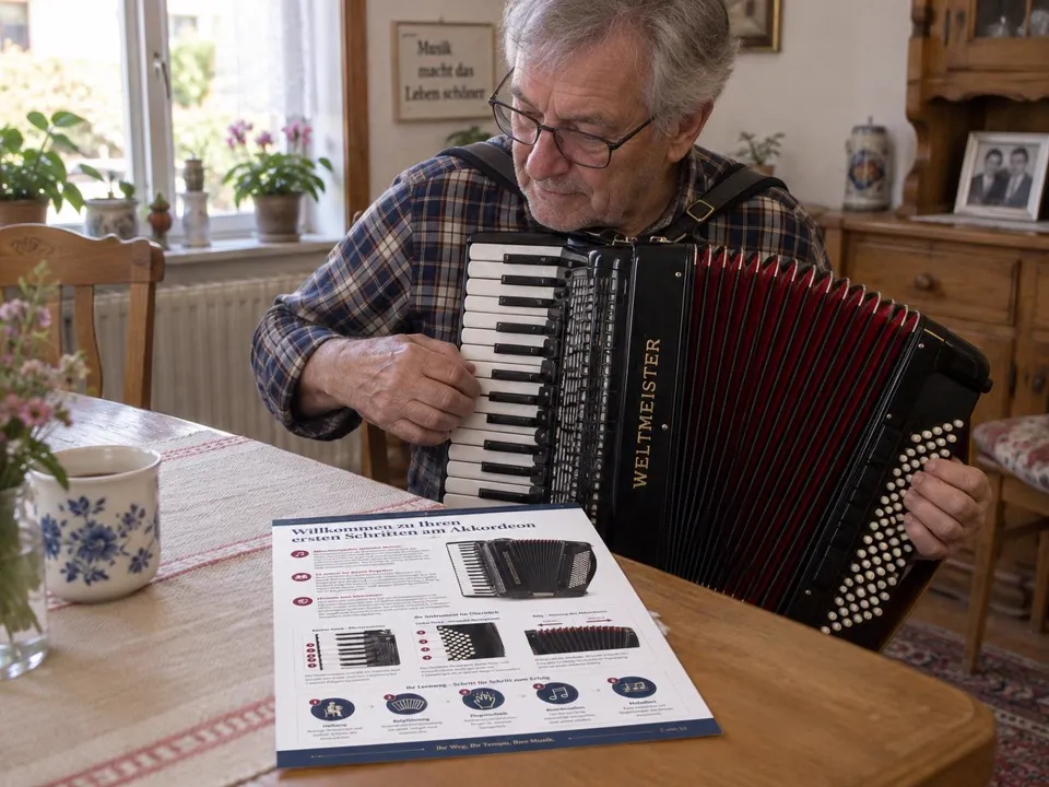 Ein Mann übt Akkordeon mit der gedruckten Seite auf dem Tisch