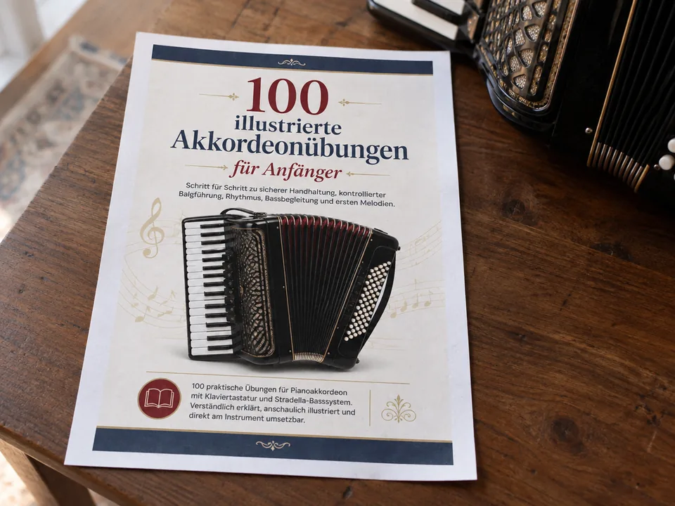 Akkordeonübungen ausgedruckt in A4 auf einem Tisch neben einem Akkordeon